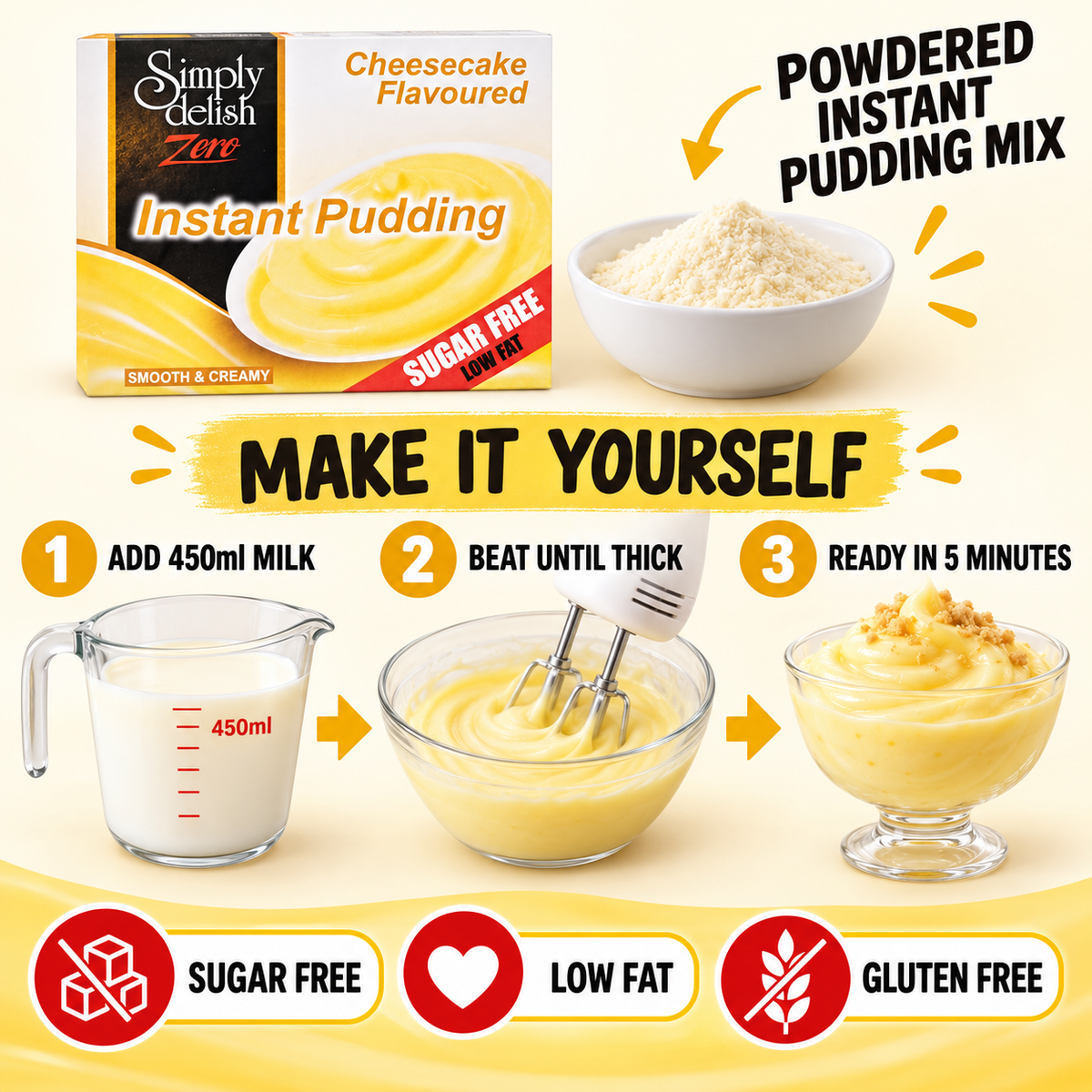 Simply Delish Cheesecake Instant Pudding, sugar-free and non-GMO.