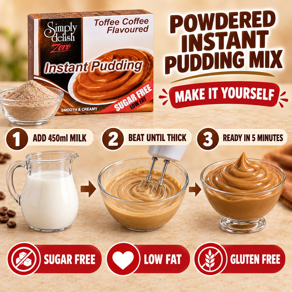 Simply Delish Toffee Coffee Instant Pudding, sugar-free and non-GMO.