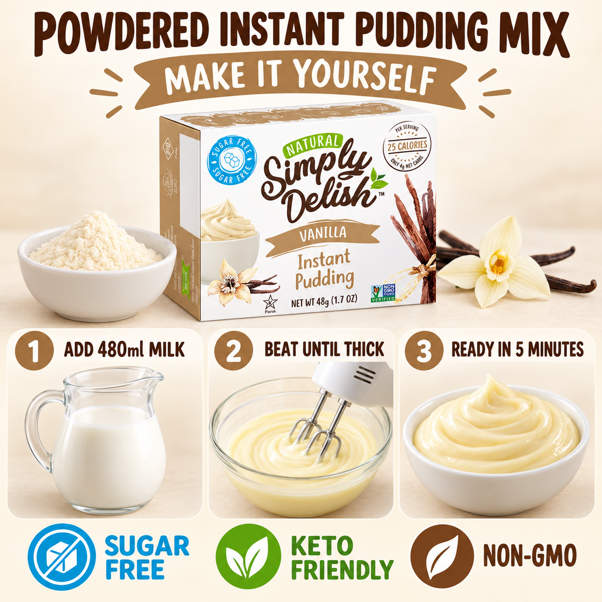 Simply Delish Natural Vanilla Instant Pudding, sugar-free and non-GMO.