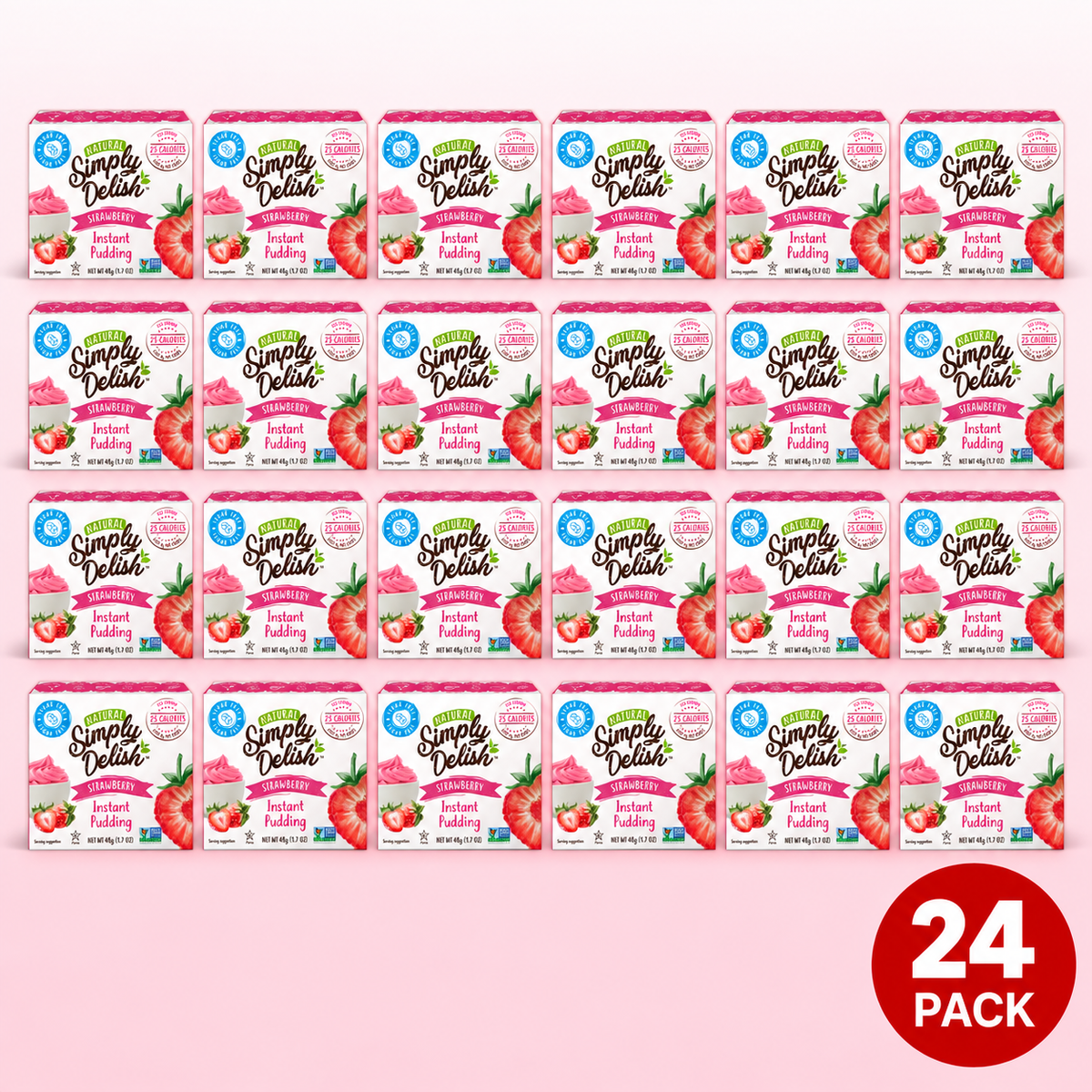 Close-up of Simply Delish Natural Strawberry Instant Pudding mix, vegan and gluten-free.