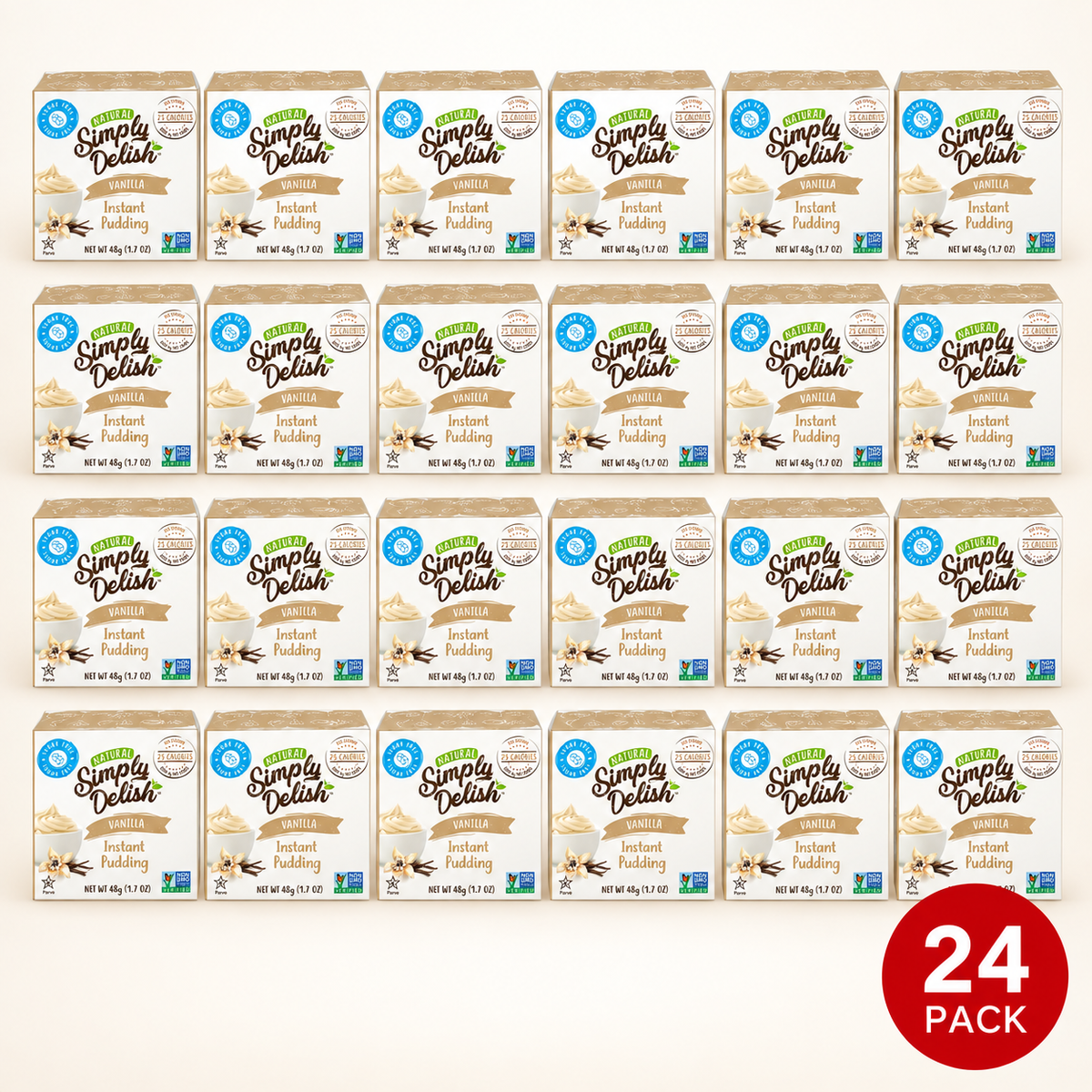 Close-up of Simply Delish Natural Vanilla Instant Pudding mix, vegan and gluten-free.