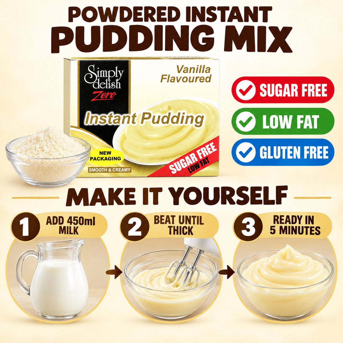 A prepared bowl of Simply Delish Vanilla Instant Pudding, smooth and creamy.