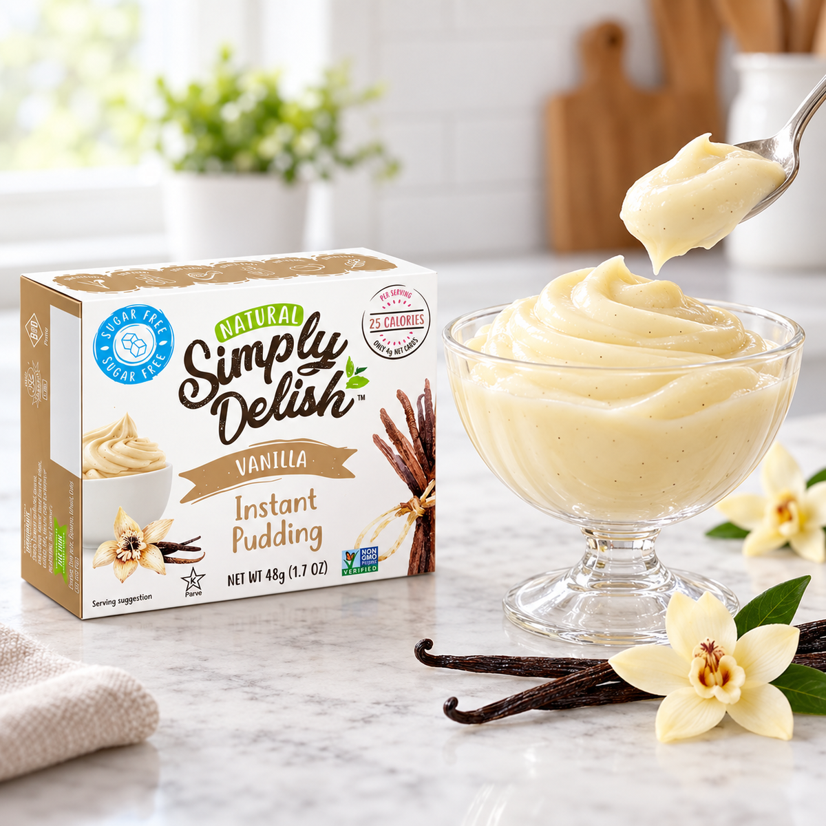 A prepared bowl of Simply Delish Natural Vanilla Instant Pudding, smooth and creamy.