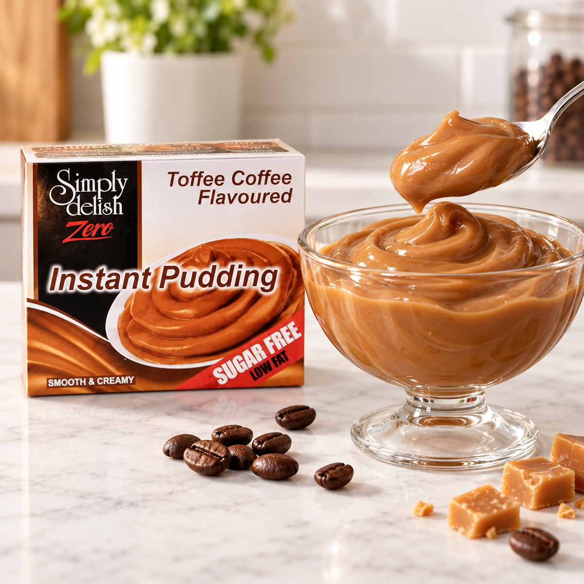 A prepared bowl of Simply Delish Toffee Coffee Instant Pudding, smooth and creamy.