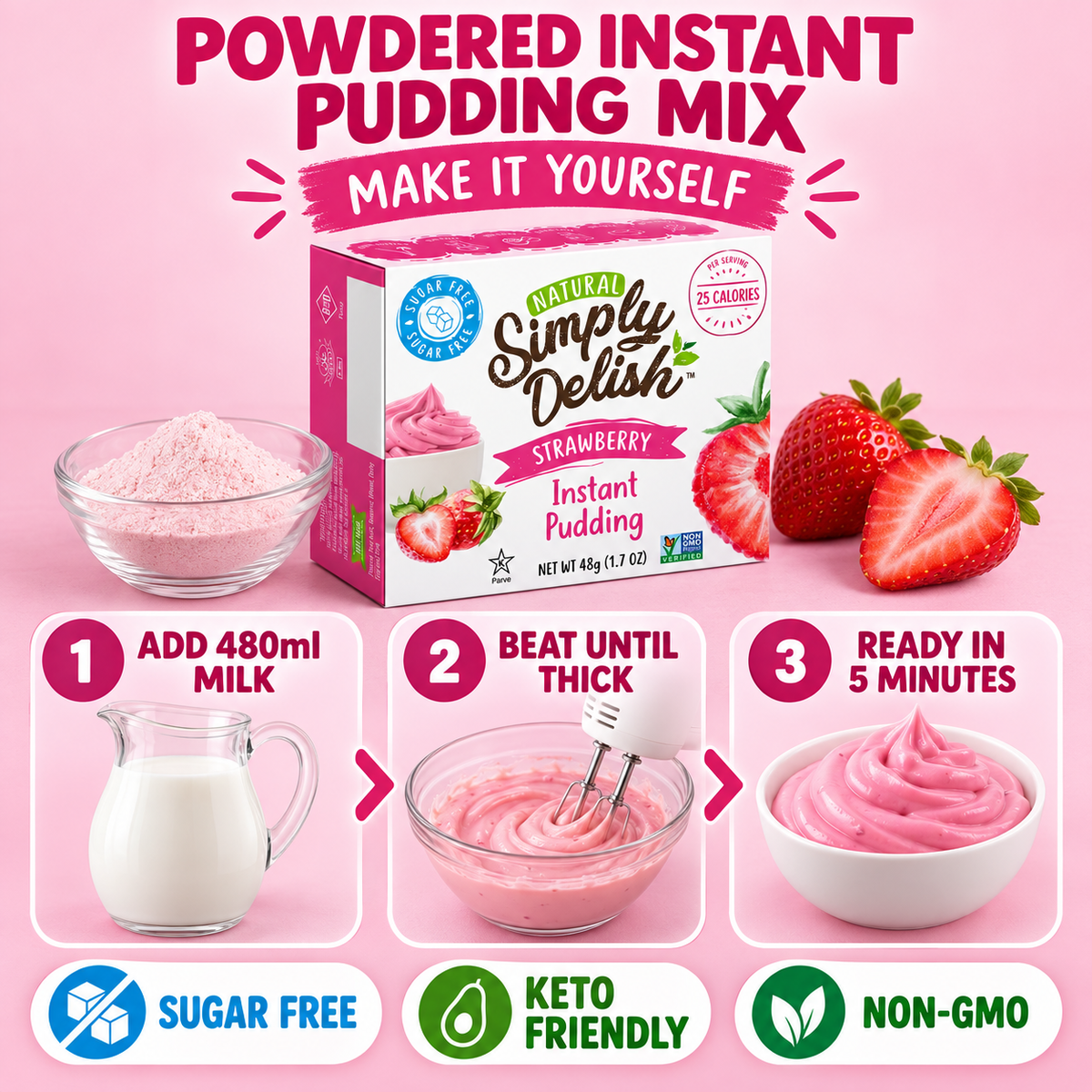 Simply Delish Natural Strawberry Instant Pudding, sugar-free and non-GMO.