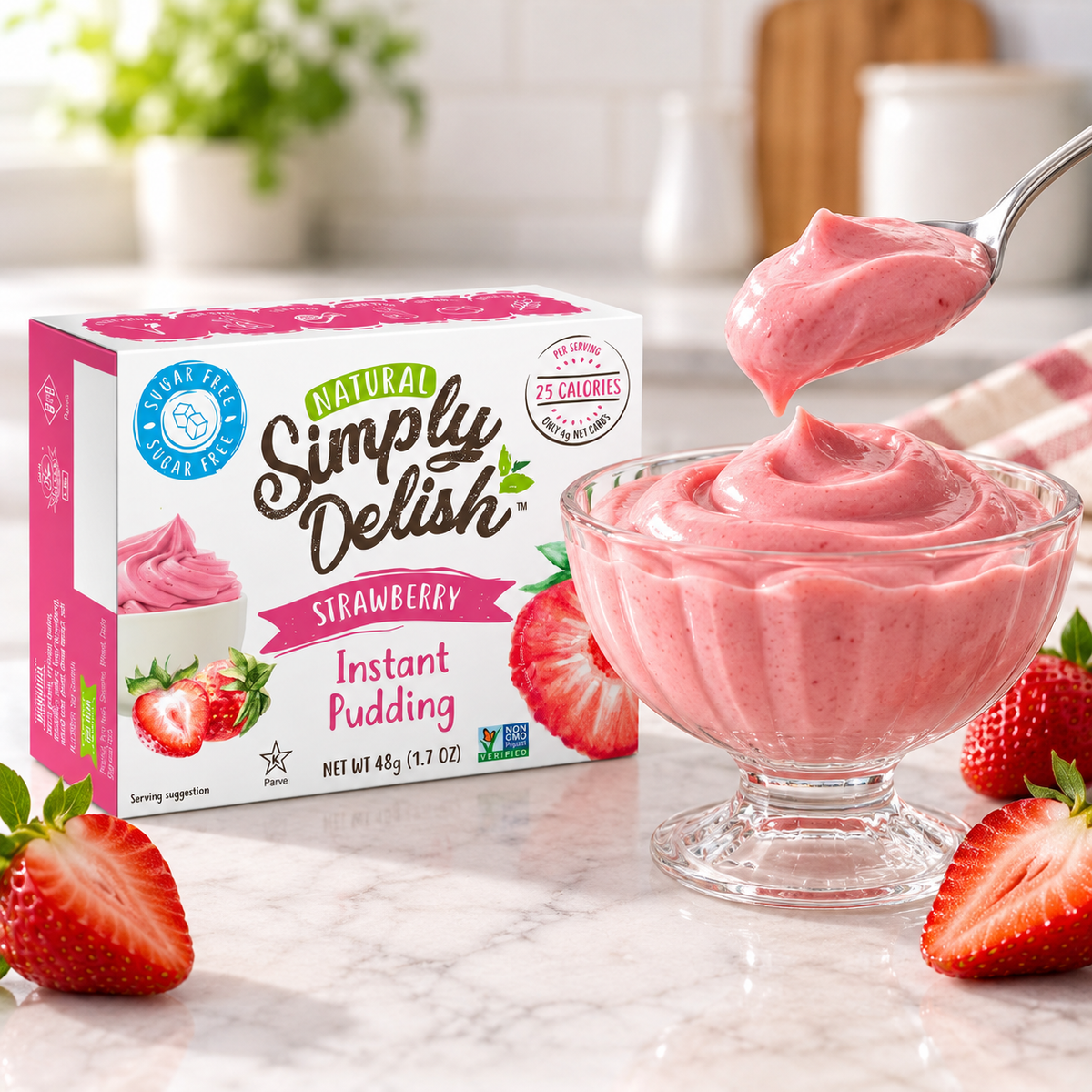 A prepared bowl of Simply Delish Natural Strawberry Instant Pudding, smooth and creamy.