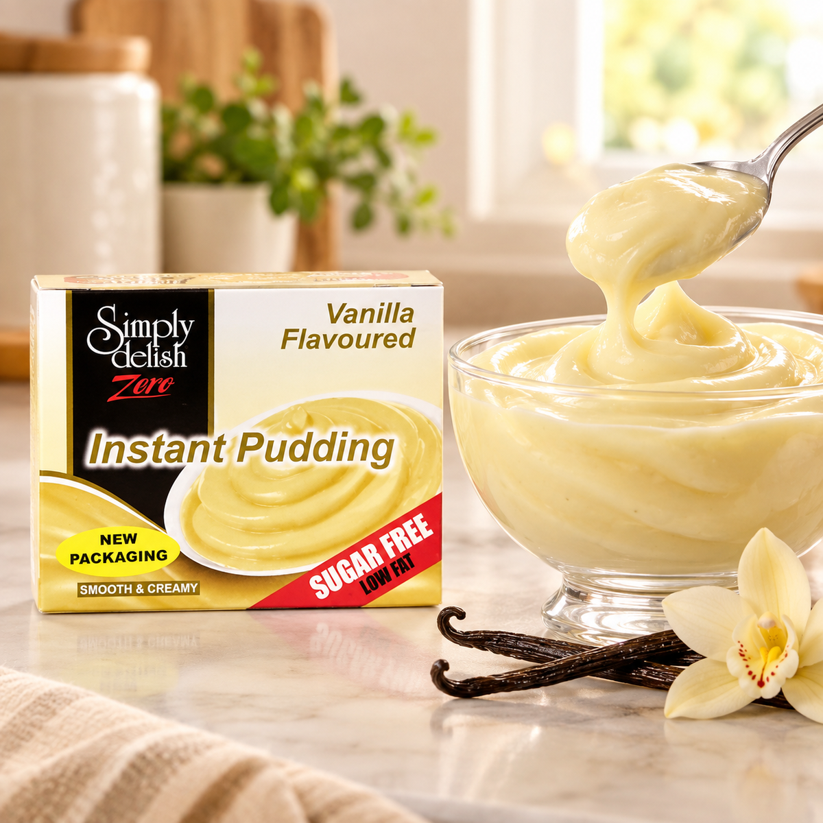Simply Delish Vanilla Instant Pudding, sugar-free and non-GMO.