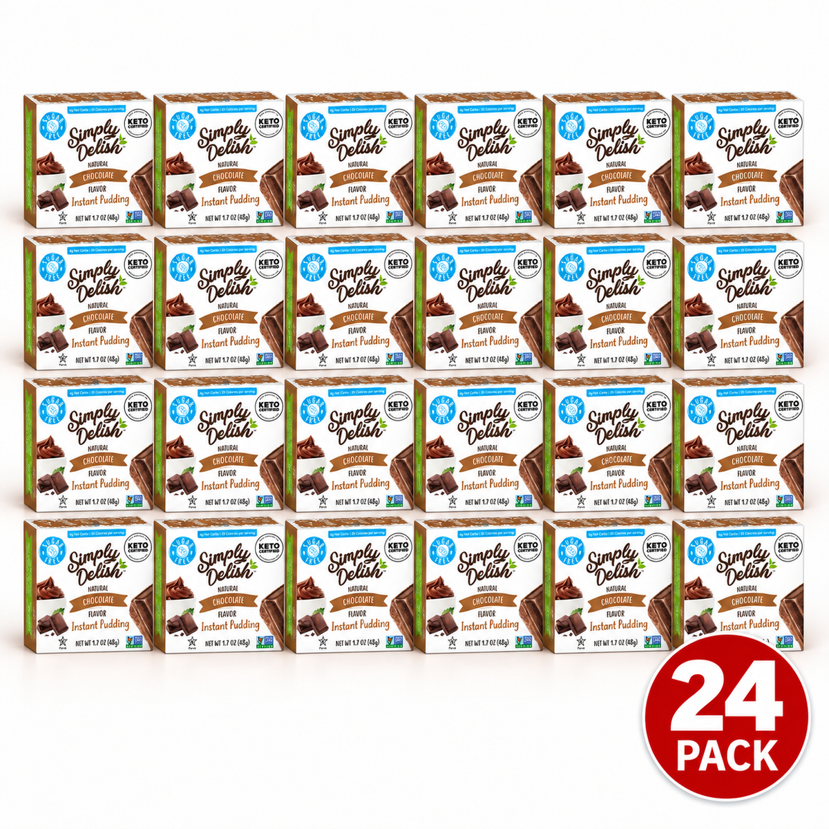 Close-up of Simply Delish Natural Chocolate Instant Pudding mix, vegan and gluten-free.
