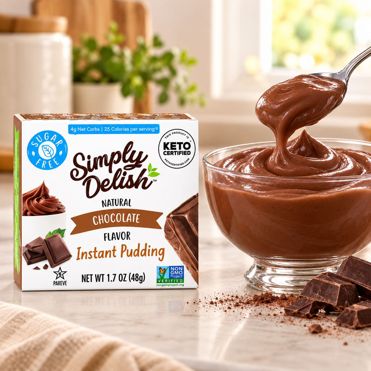 A prepared bowl of Simply Delish Natural Chocolate Instant Pudding, smooth and creamy.