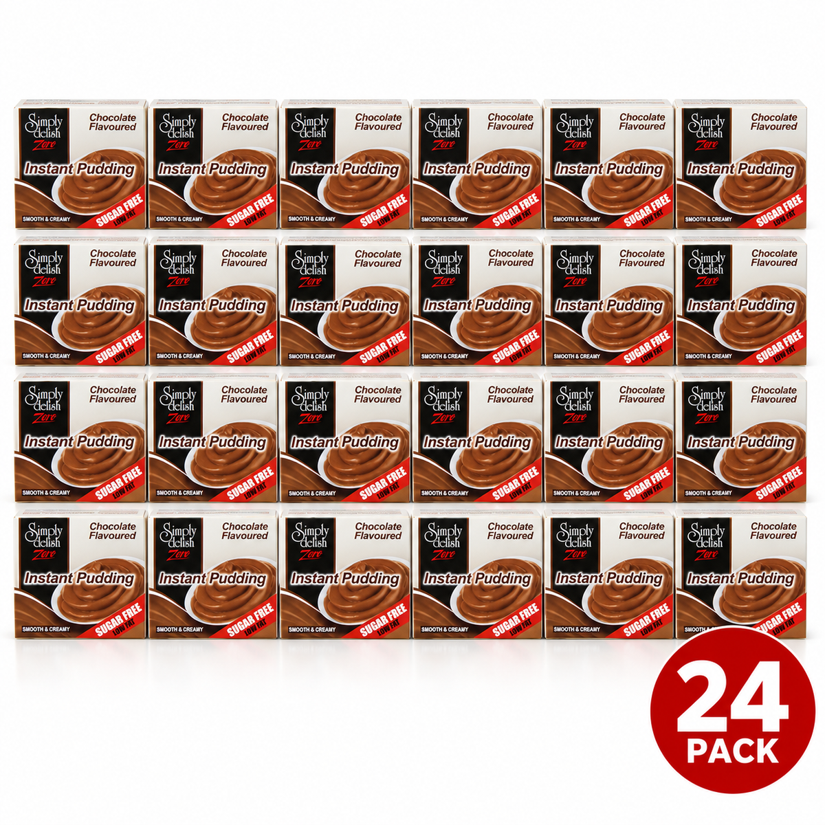 Close-up of Simply Delish Chocolate Instant Pudding mix.