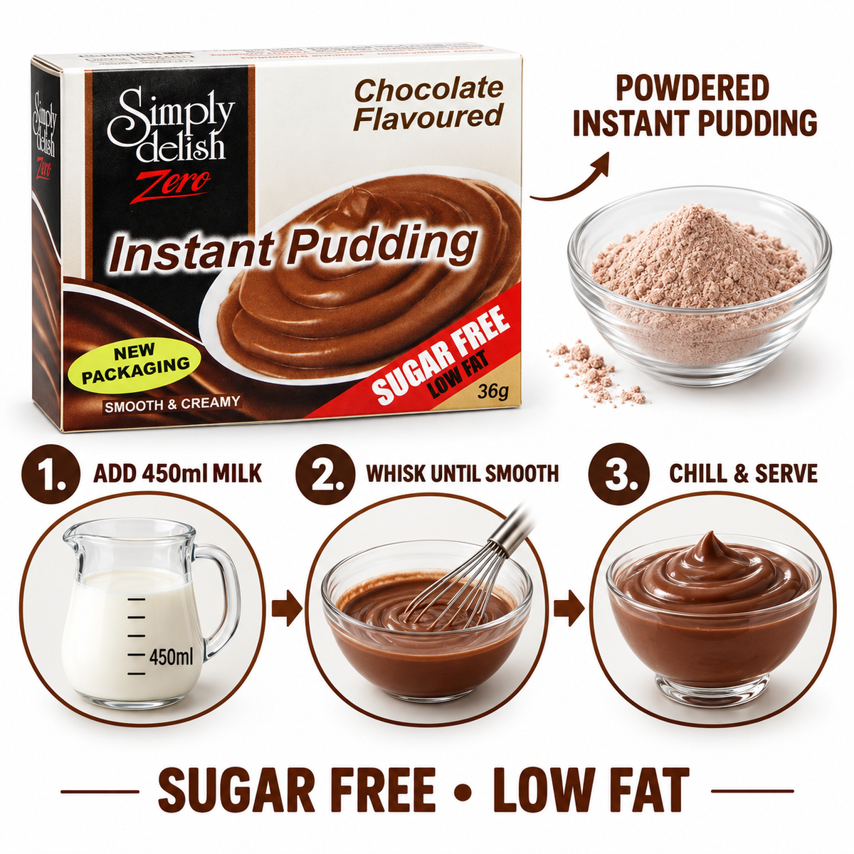 Simply Delish Chocolate Instant Pudding, sugar-free and non-GMO.