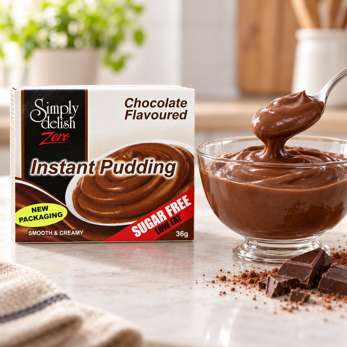 A prepared bowl of Simply Delish Chocolate Instant Pudding, smooth and creamy.