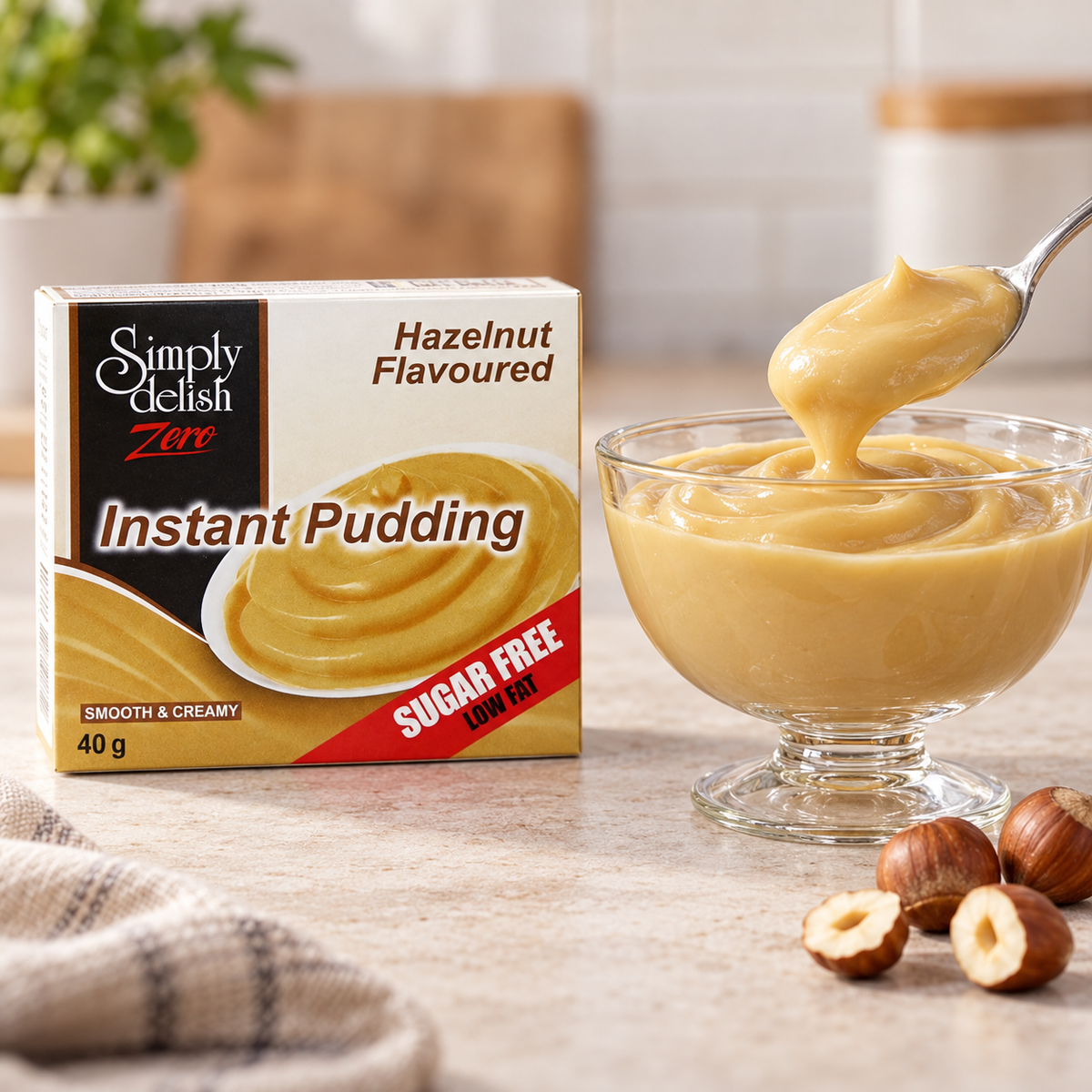 Simply Delish Hazelnut Instant Pudding sachet, 40g pack.