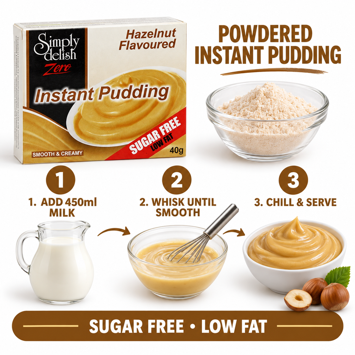 A spoonful of Simply Delish Hazelnut Instant Pudding, rich and nutty flavour.