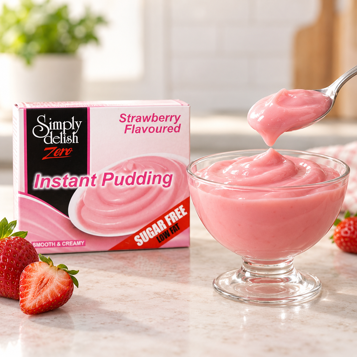 A prepared bowl of Simply Delish Strawberry Instant Pudding, smooth and creamy.