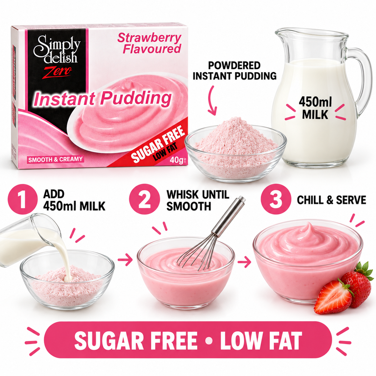 Simply Delish Strawberry Instant Pudding, sugar-free and non-GMO.