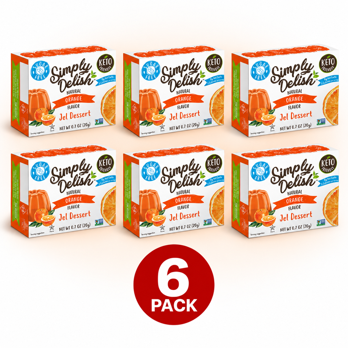 Simply Delish Natural Orange Jel Dessert, 20g sachet, sugar-free, gluten-free and vegan.
