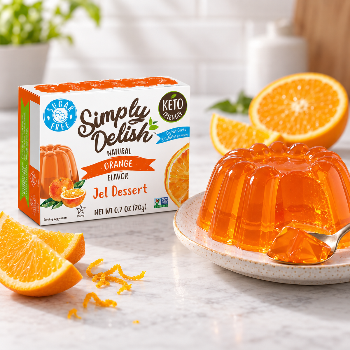 A prepared bowl of Simply Delish Natural Orange Jel Dessert, set without refrigeration.