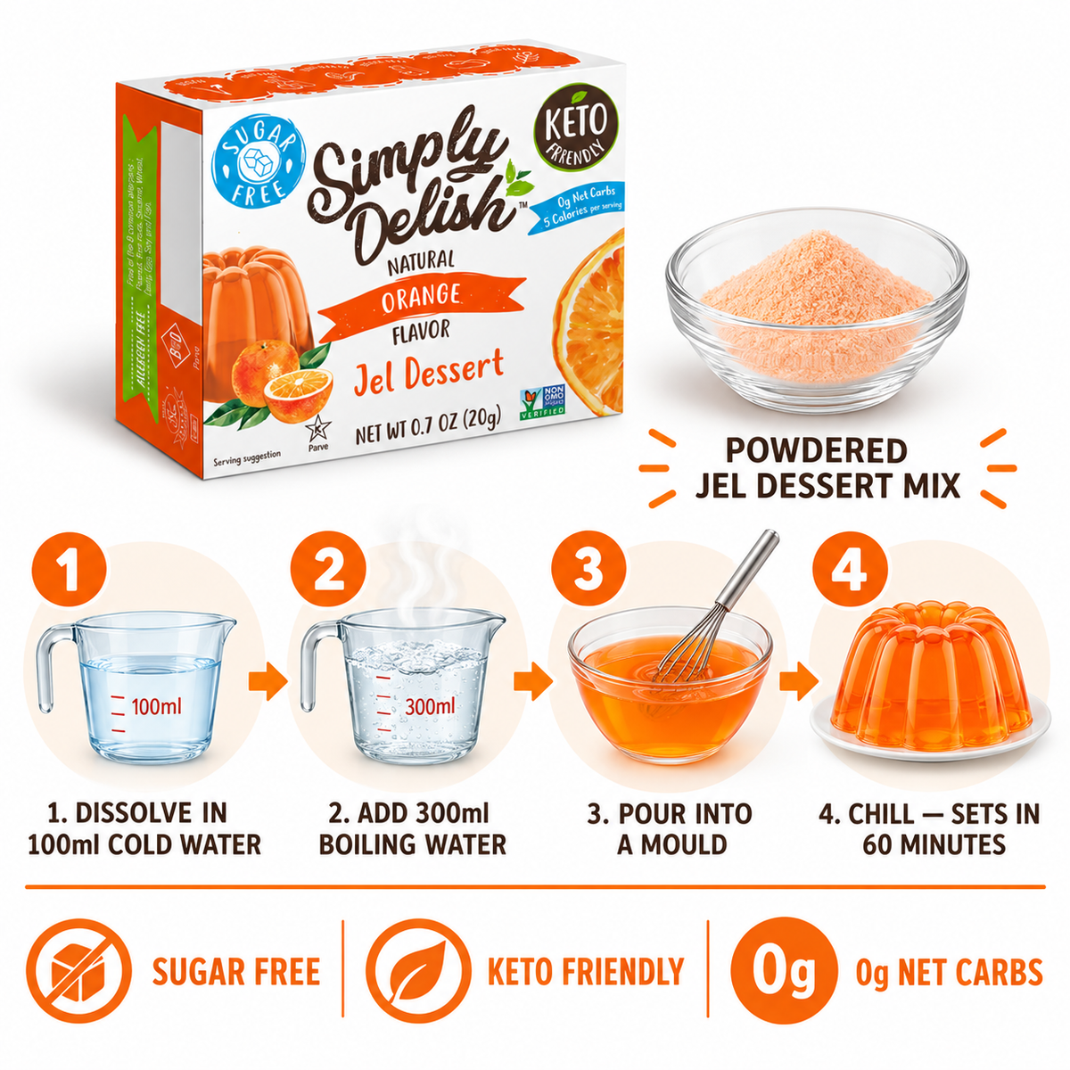 Simply Delish Natural Orange Jel Dessert, non-GMO and Kosher.