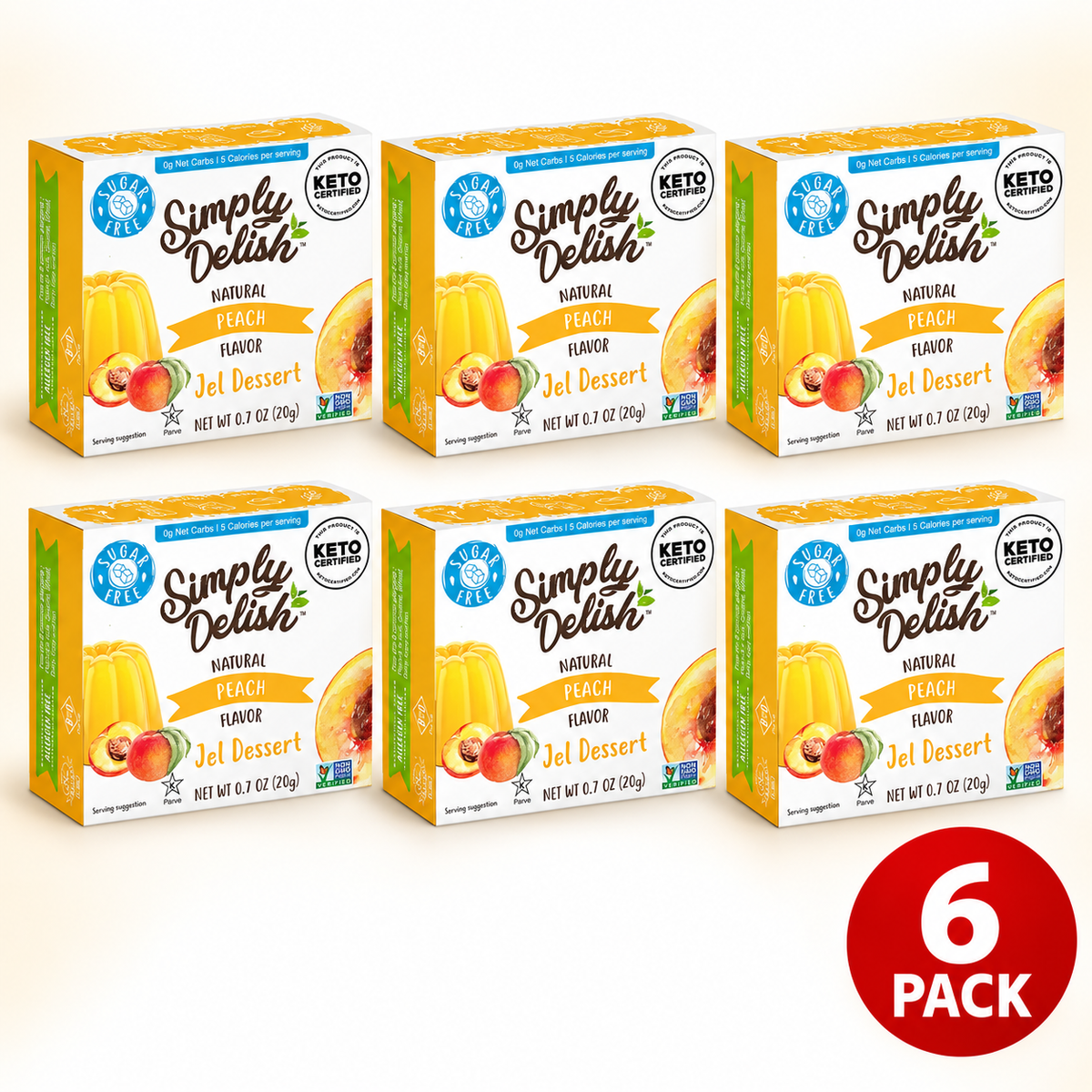 Simply Delish Natural Peach Jel Dessert, 20g sachet, sugar-free, gluten-free and vegan.
