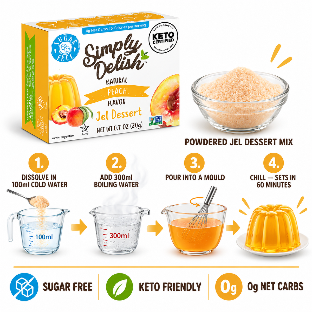 Simply Delish Natural Peach Jel Dessert, non-GMO and Kosher.