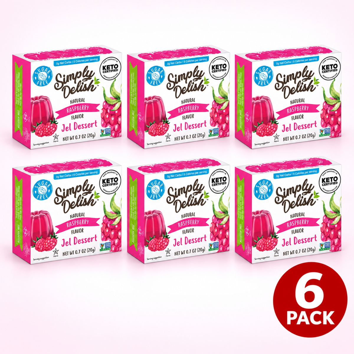 Simply Delish Natural Raspberry Jel Dessert, 20g sachet, sugar-free, gluten-free and vegan.