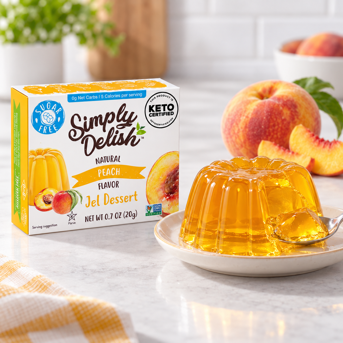 A prepared bowl of Simply Delish Natural Peach Jel Dessert, set without refrigeration.