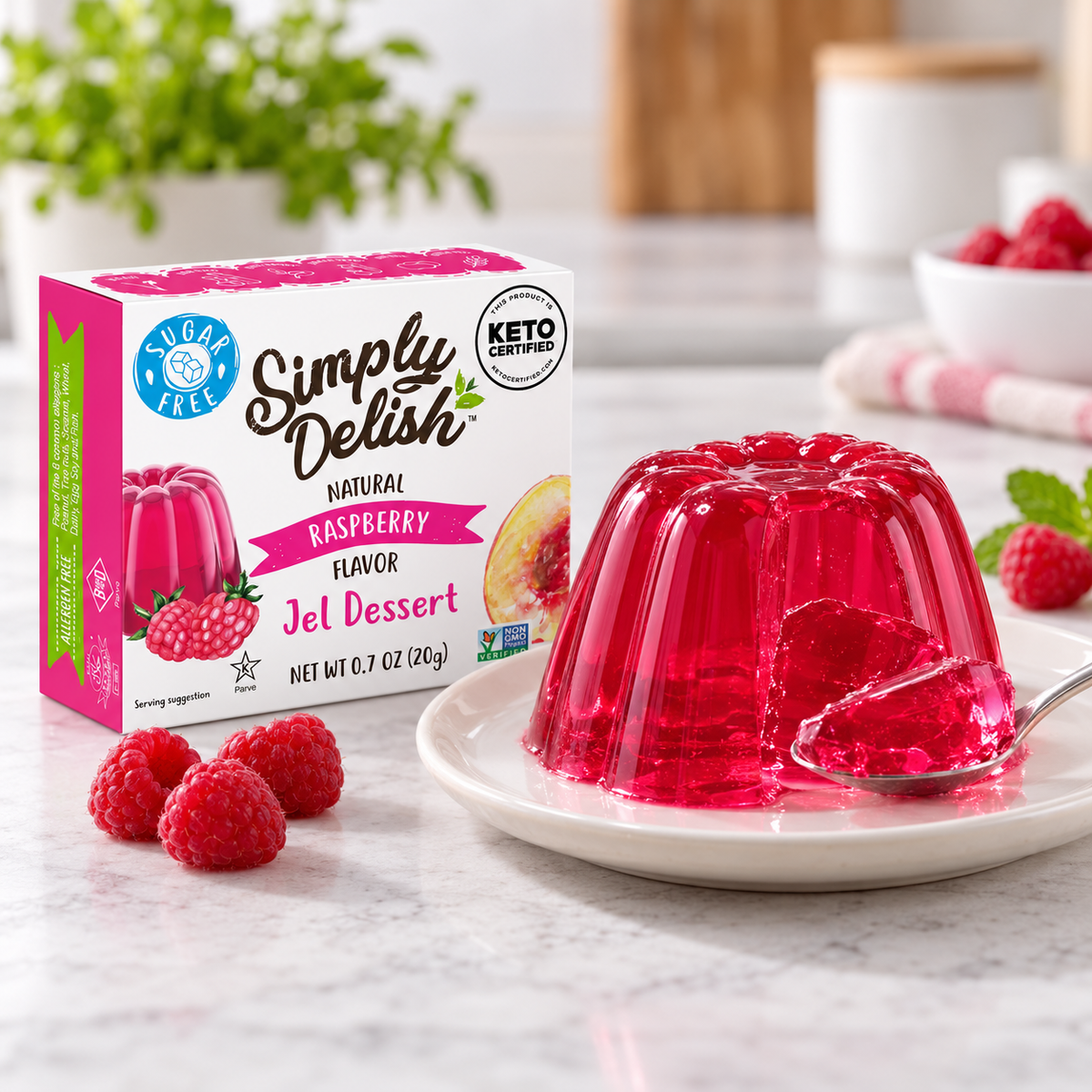 A prepared bowl of Simply Delish Natural Raspberry Jel Dessert, set without refrigeration.
