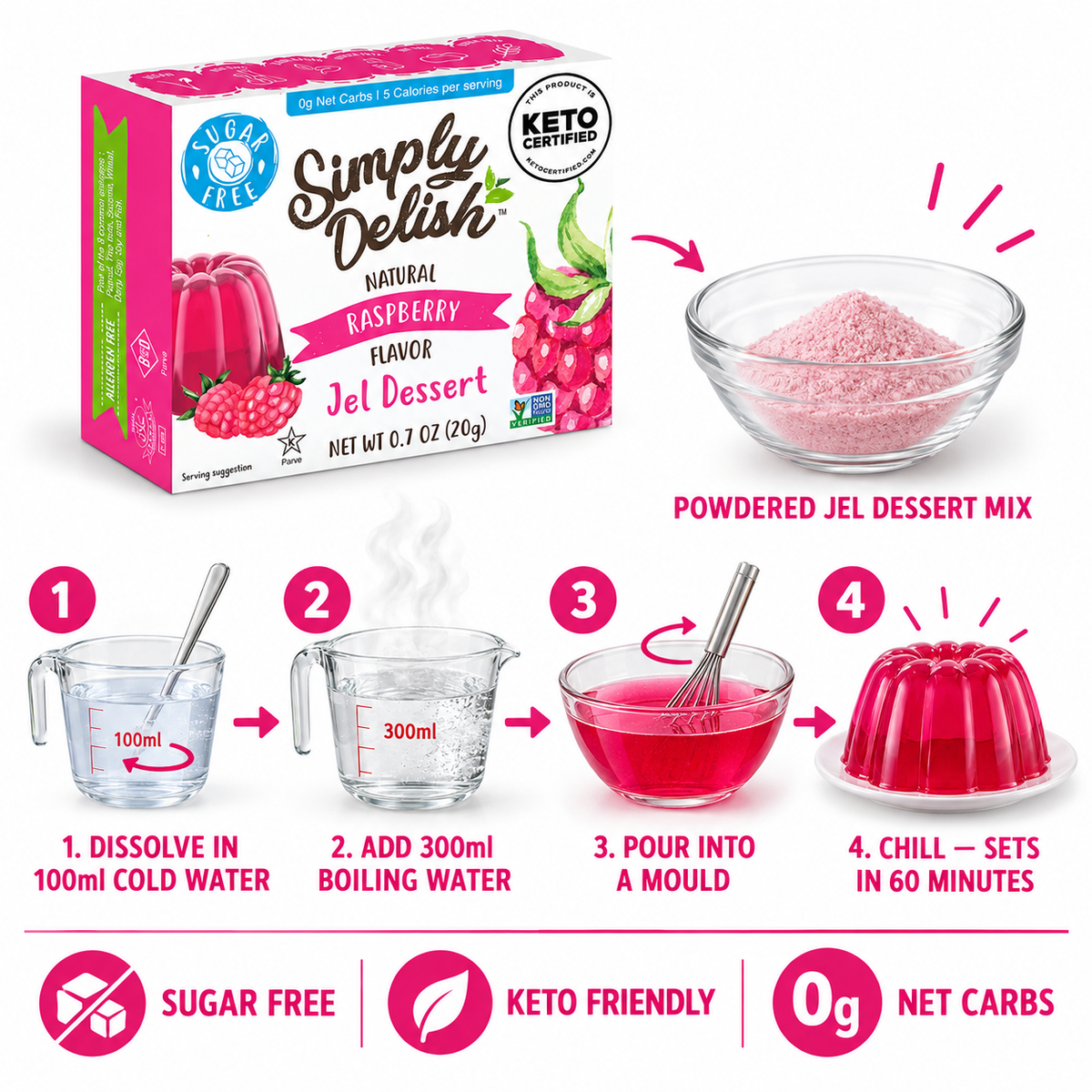 Simply Delish Natural Raspberry Jel Dessert, non-GMO and Kosher.