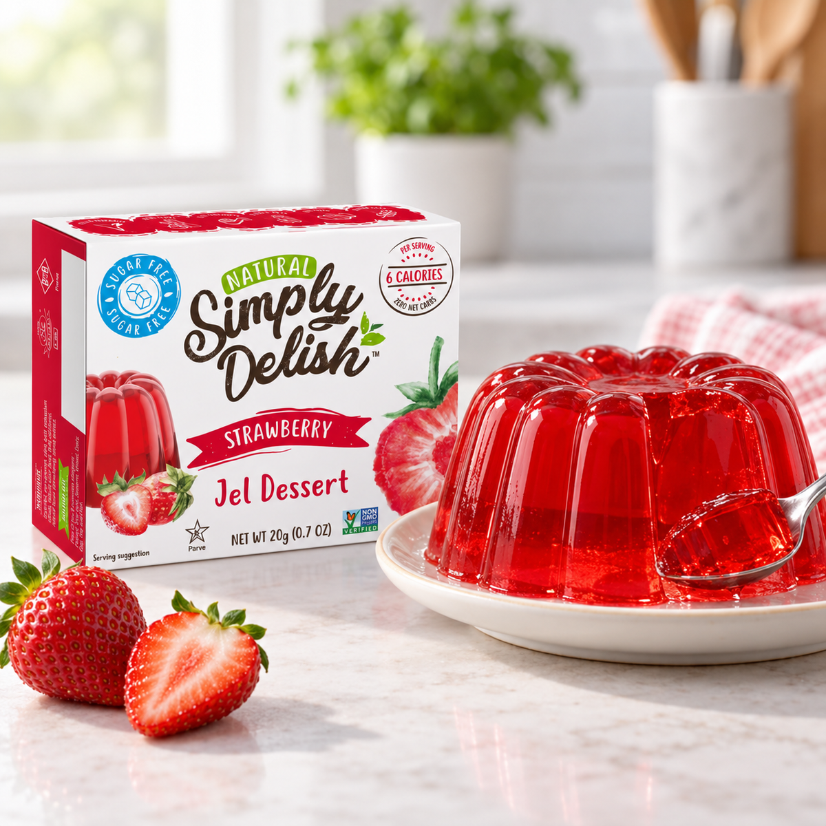 A prepared bowl of Simply Delish Natural Strawberry Jel Dessert, set without refrigeration.