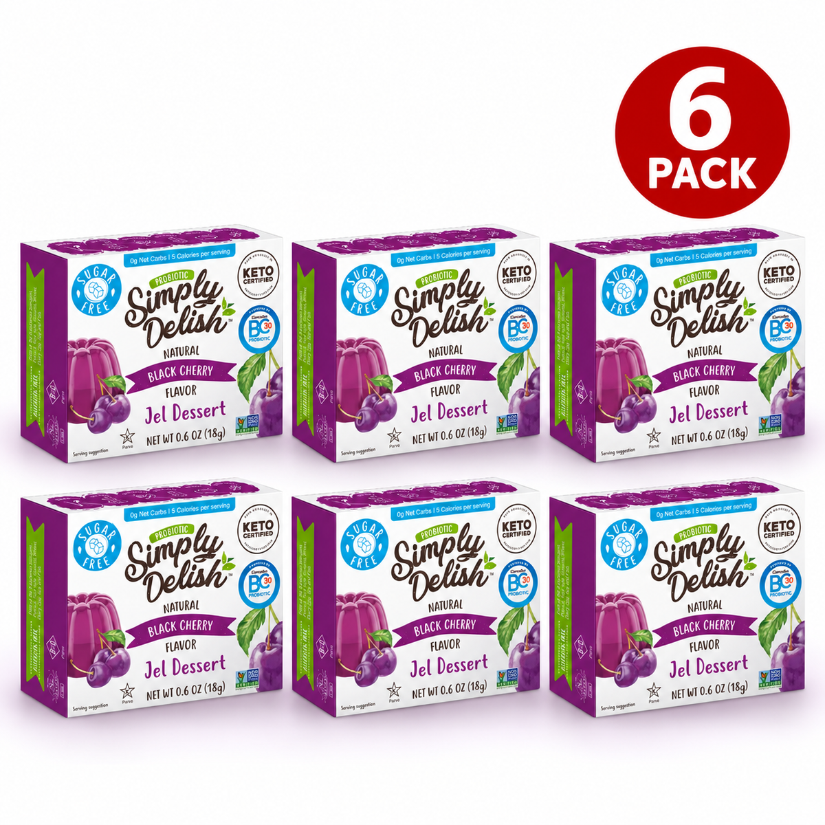 Simply Delish Natural Black Cherry Jel Dessert, 18g sachet, sugar-free, gluten-free and vegan.