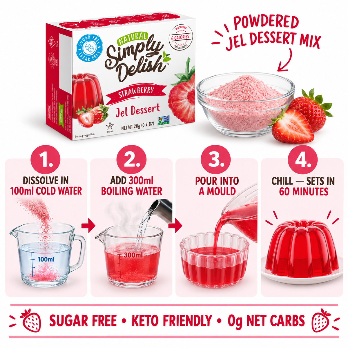 Simply Delish Natural Strawberry Jel Dessert, non-GMO and Kosher.