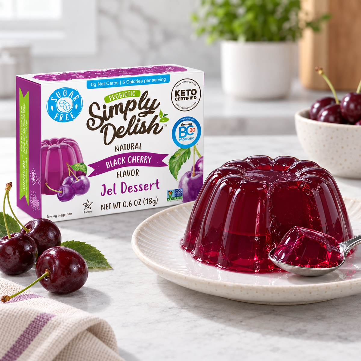 A prepared bowl of Simply Delish Natural Black Cherry Jel Dessert, set without refrigeration.