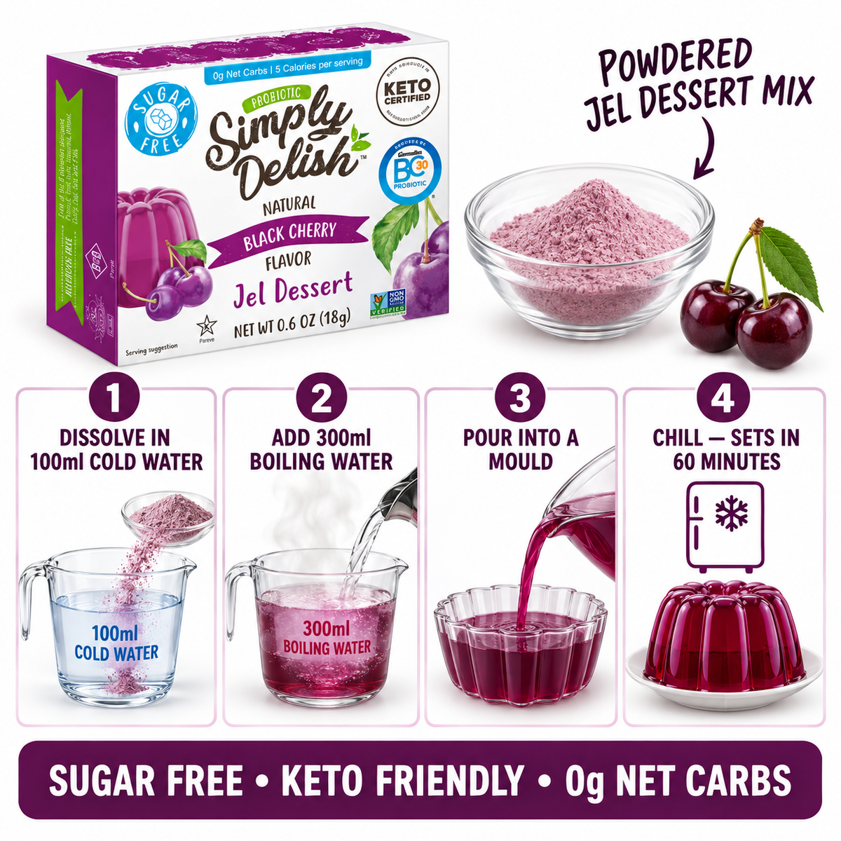 Simply Delish Natural Black Cherry Jel Dessert, non-GMO and Kosher.
