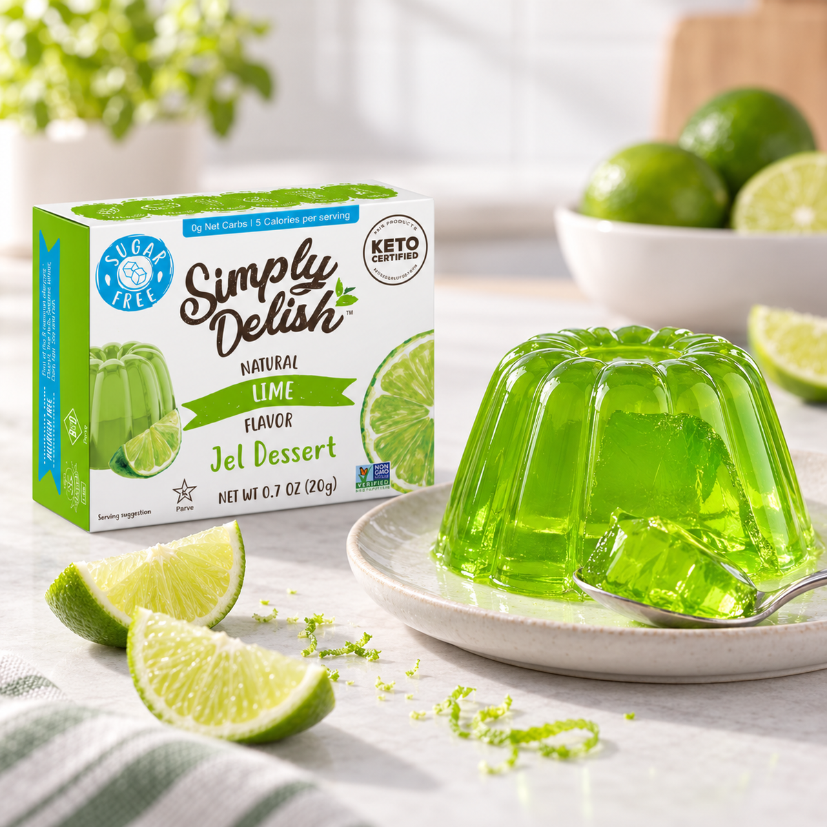 A prepared bowl of Simply Delish Natural Lime Jel Dessert, set without refrigeration.