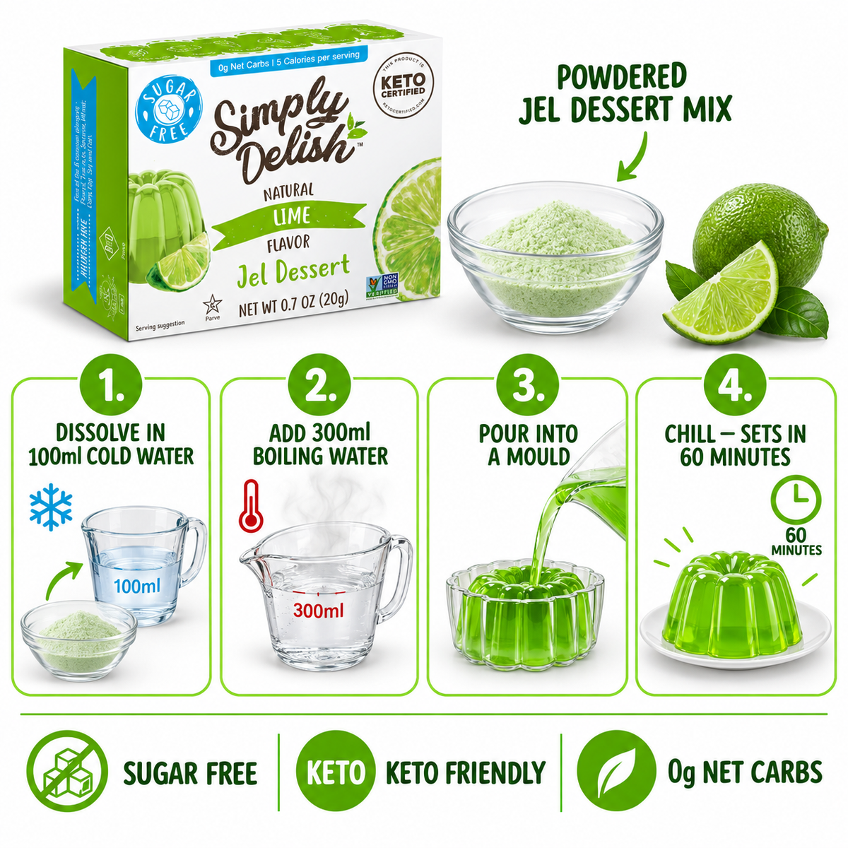 Simply Delish Natural Lime Jel Dessert, non-GMO and Kosher.