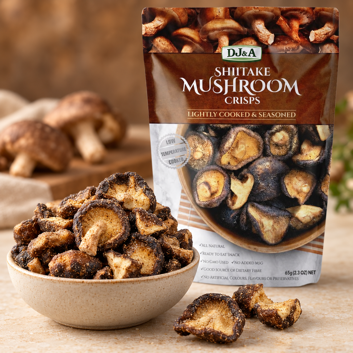 DJ & A Shiitake Mushroom Crisps 65g pack, made from non-GMO shiitake mushroom.