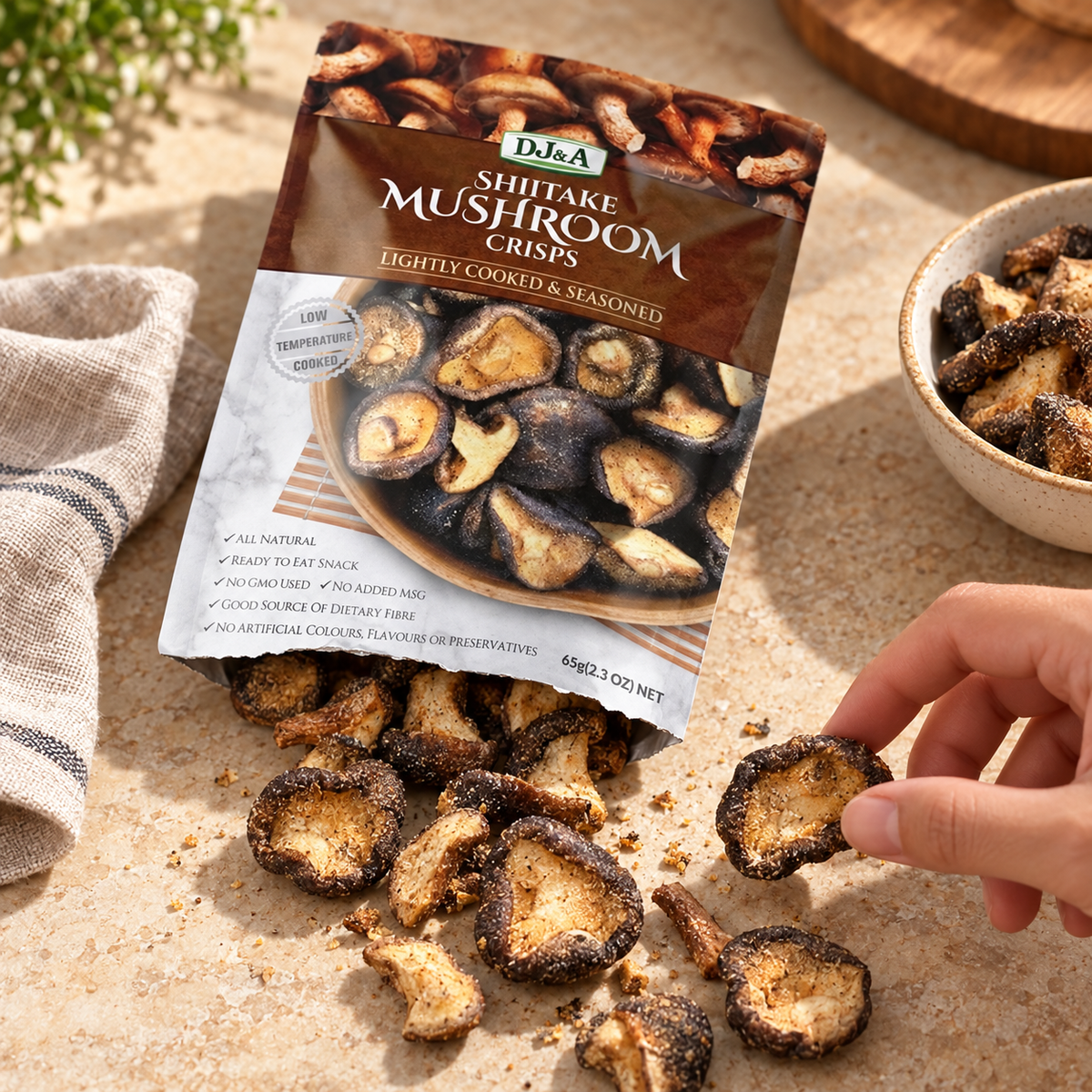 Close-up of DJ & A Shiitake Mushroom Crisps, a savoury vegan snack.