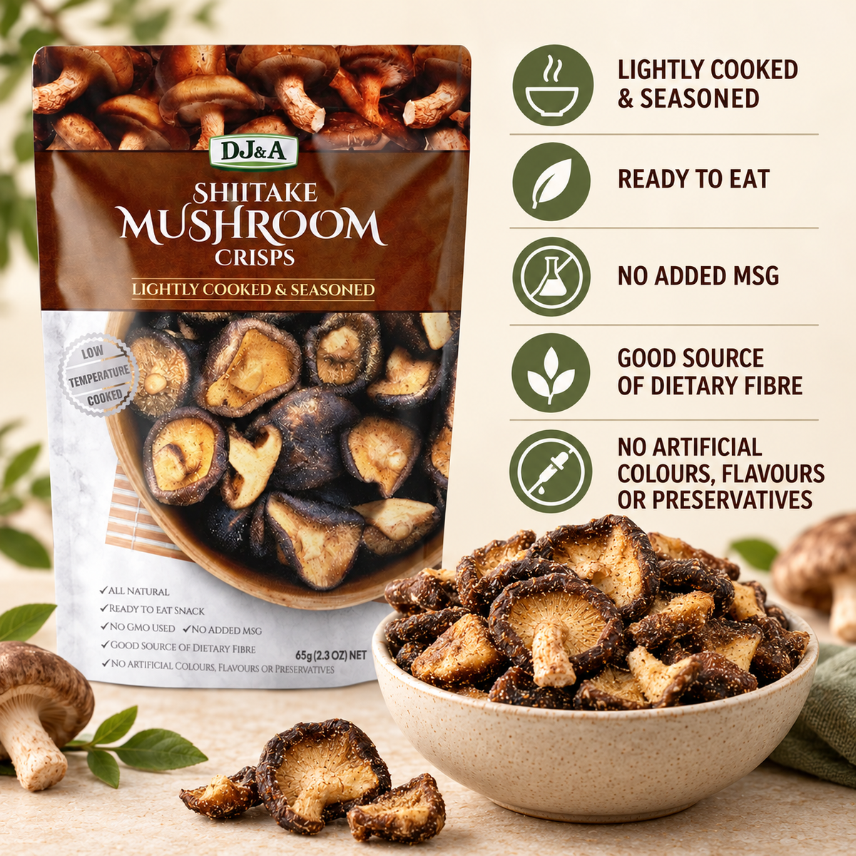 A bag of DJ & A Shiitake Mushroom Crisps, 65g.