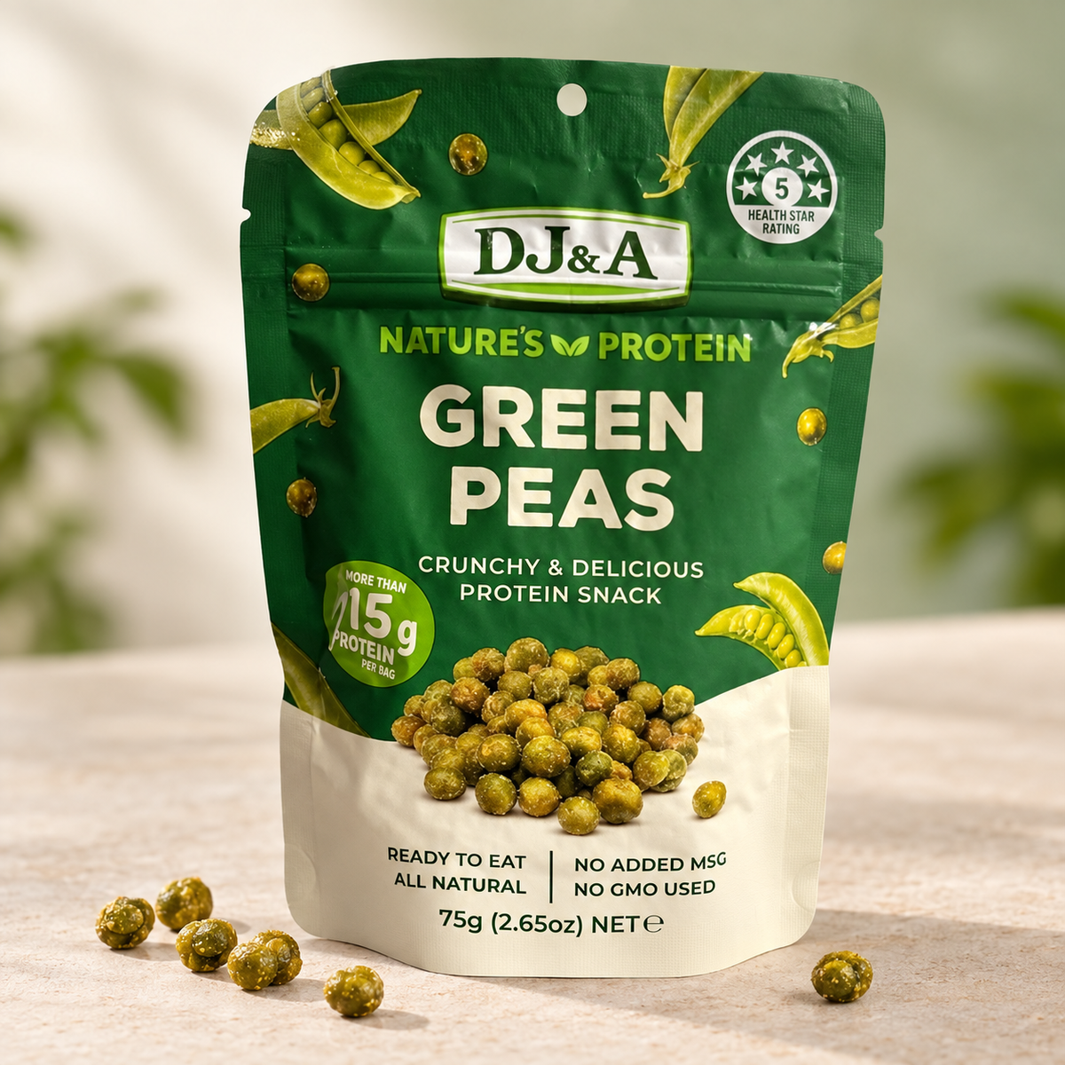 Bag of DJ & A Nature's Protein Green Pea, a roasted plant-protein snack.