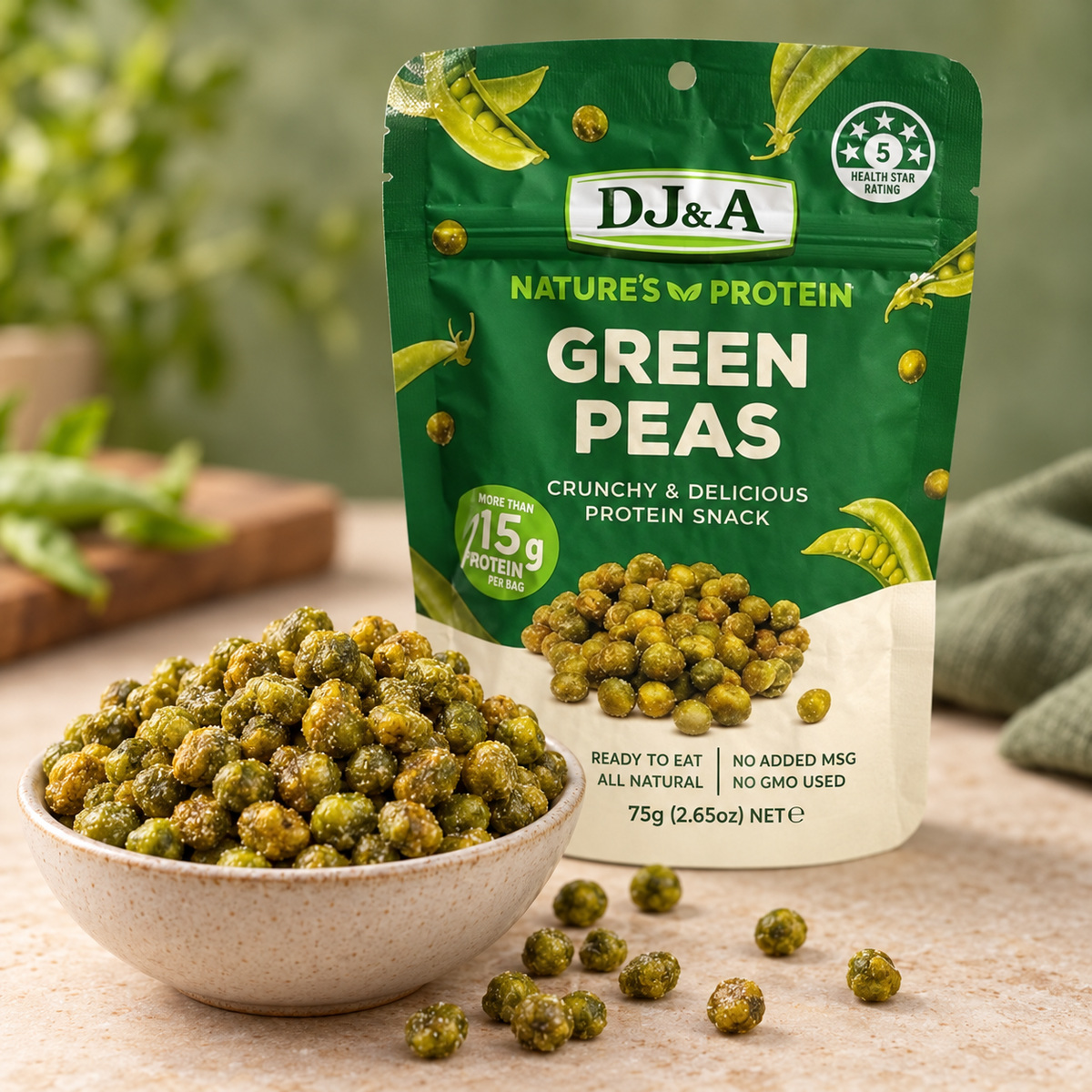 Close-up of DJ & A Nature's Protein Green Pea, roasted whole green peas.