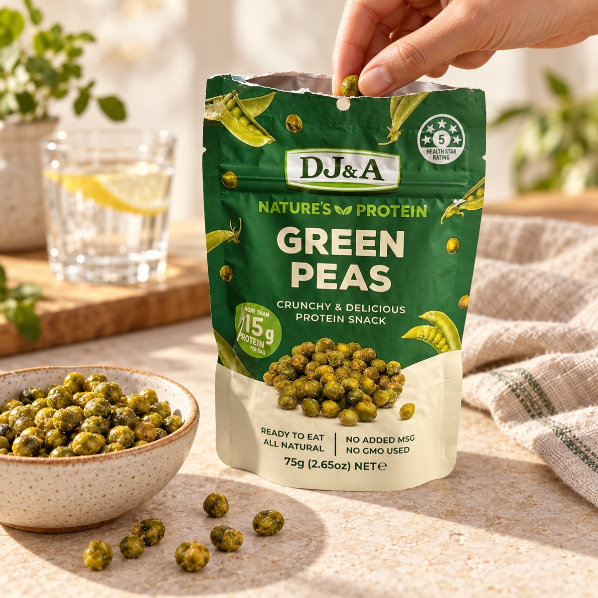DJ & A Nature's Protein Green Pea 75g pack, a protein-rich snack.