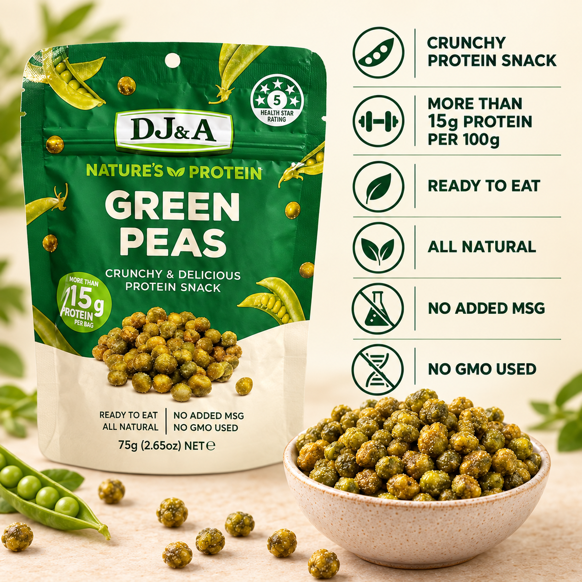 A bag of DJ & A Nature's Protein Green Pea, 75g.