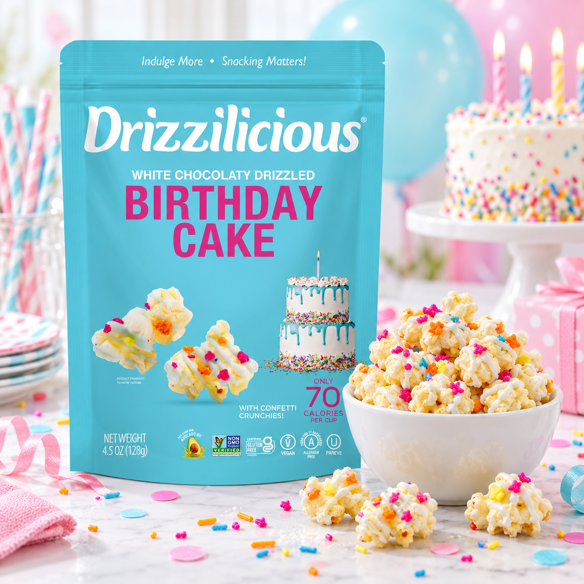 Close-up of Drizzilicious Birthday Cake popcorn, showing the sweet drizzle coating.