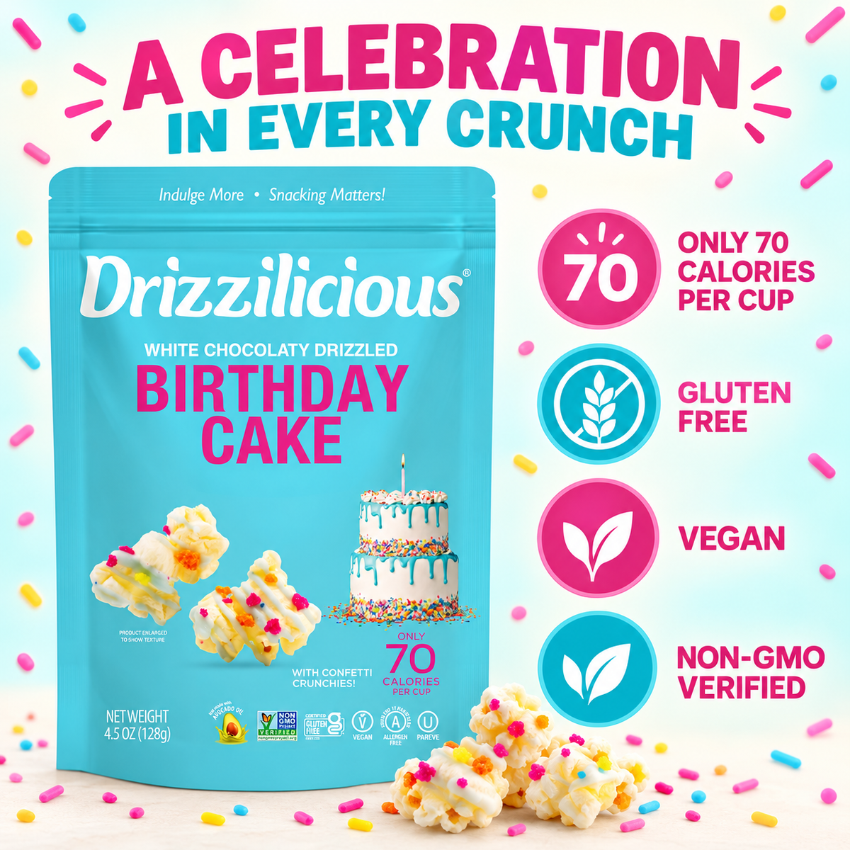 Drizzilicious Popcorn Birthday Cake 102g pack, a gluten-free kettle-cooked snack.