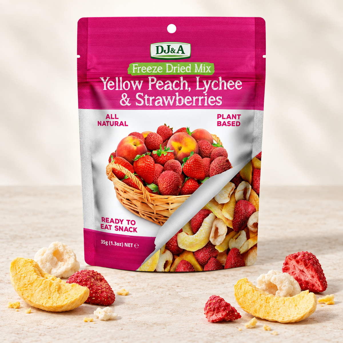 Bag of DJ & A Freeze Dried Peach, Lychee & Strawberry, a fruity snack.