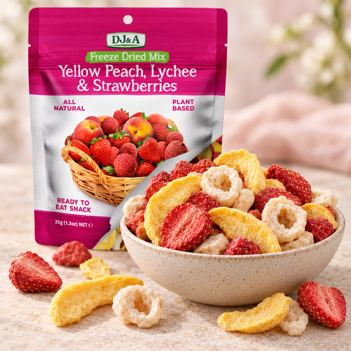 Close-up of DJ & A Freeze Dried Peach, Lychee & Strawberry pieces.