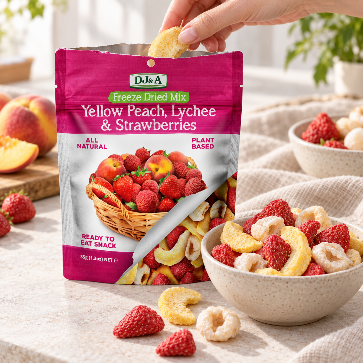 DJ & A Freeze Dried Peach, Lychee & Strawberry 35g pack, a healthy snack.