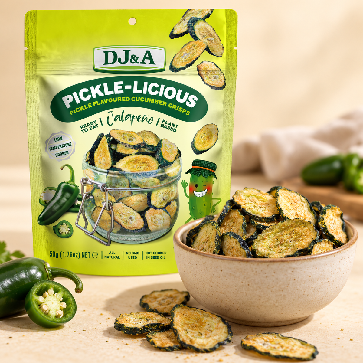 Bag of DJ & A Pickle-licious Jalapeno, a fiery cucumber snack.