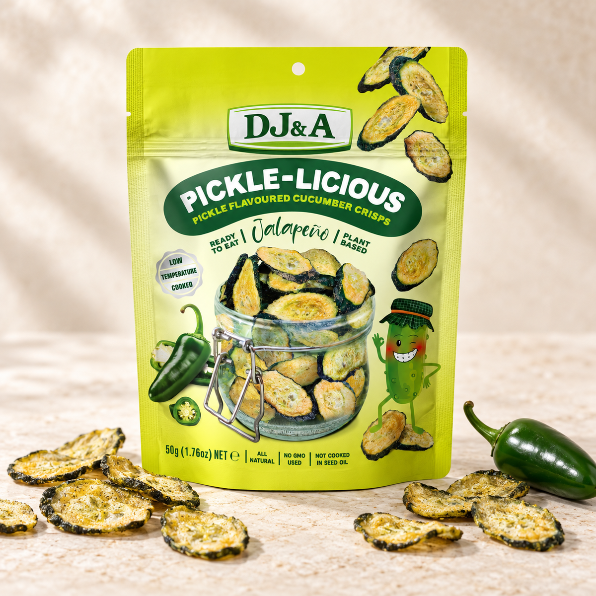 Close-up of DJ & A Pickle-licious Jalapeno crisps.